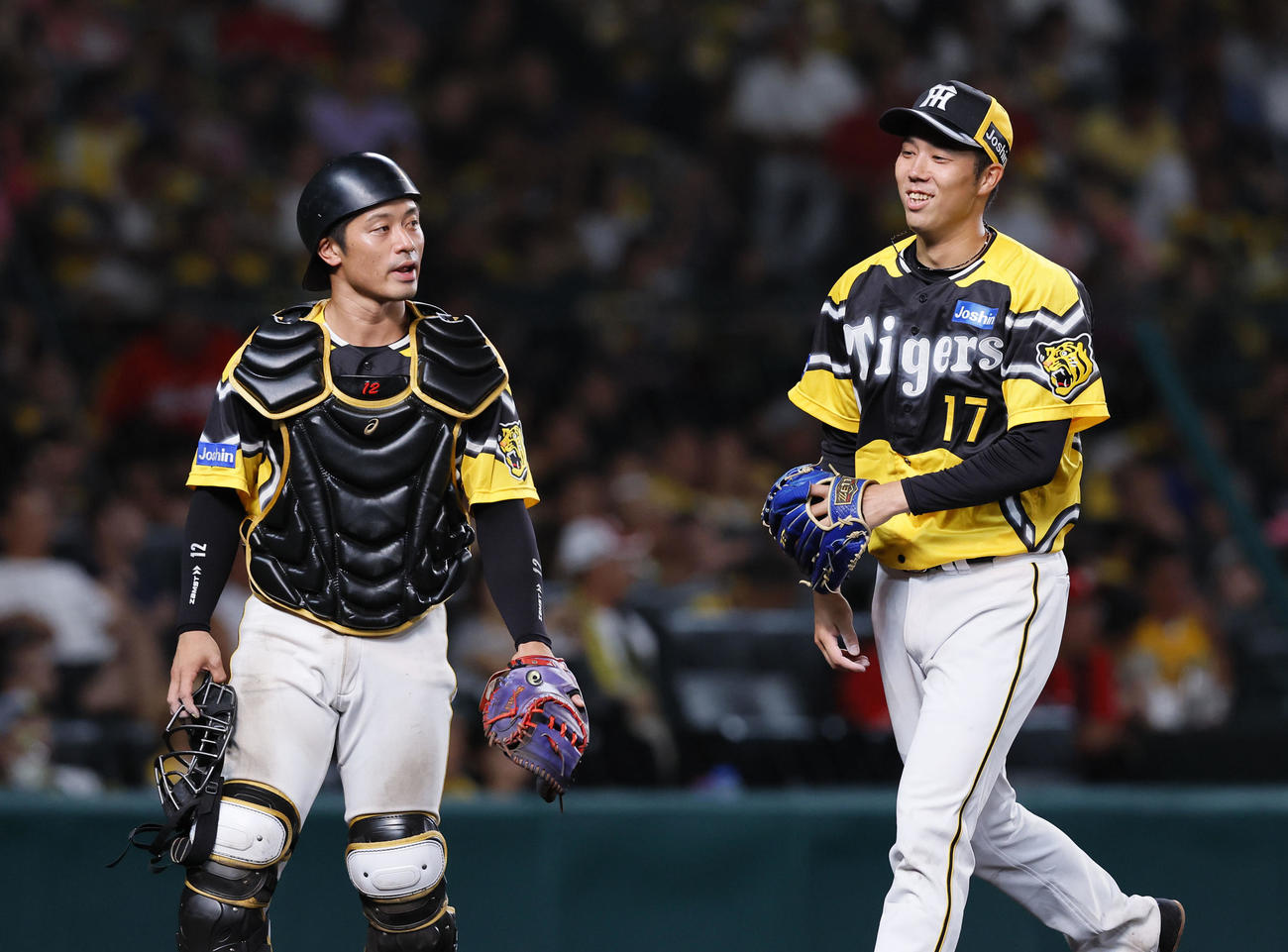 阪神対広島　6回表を終えベンチに戻る阪神青柳（右）と坂本（撮影・藤尾明華）