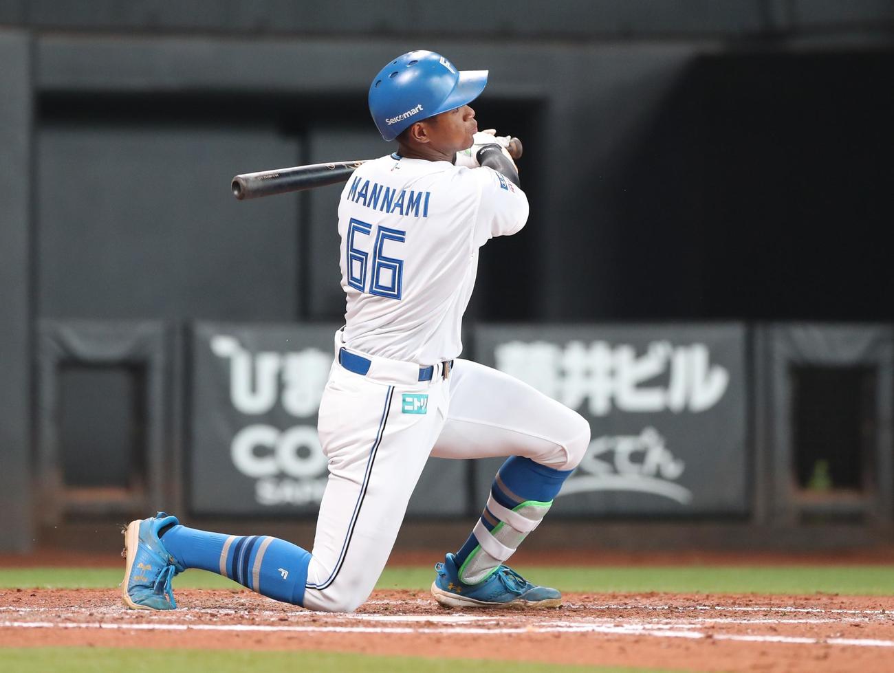 日本ハム対オリックス　3回裏日本ハム2死二塁、左越え適時二塁打を放つ万波（撮影・黒川智章）
