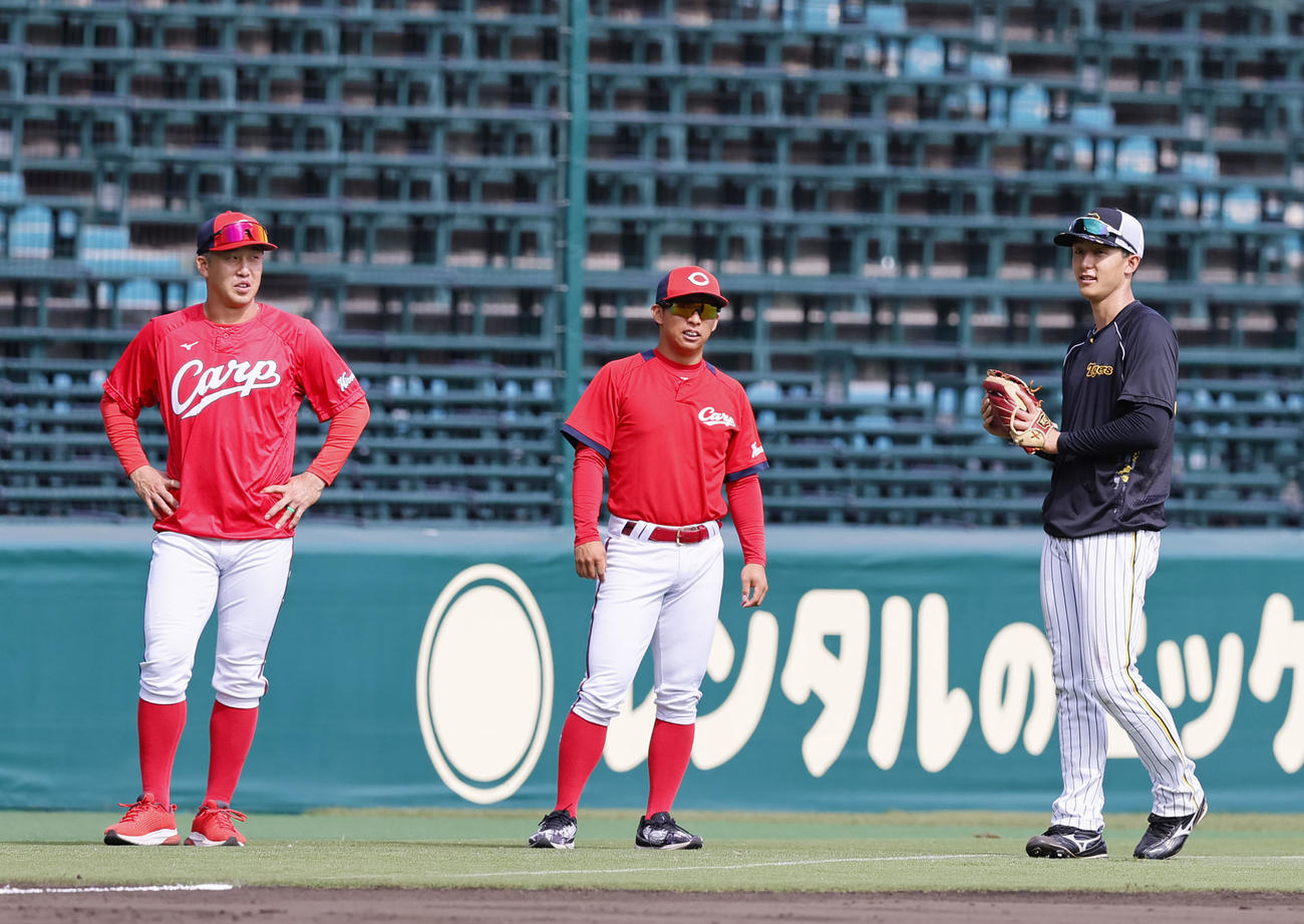 阪神対広島　練習で話をする（左から）広島小園、羽月、阪神小幡（撮影・藤尾明華）