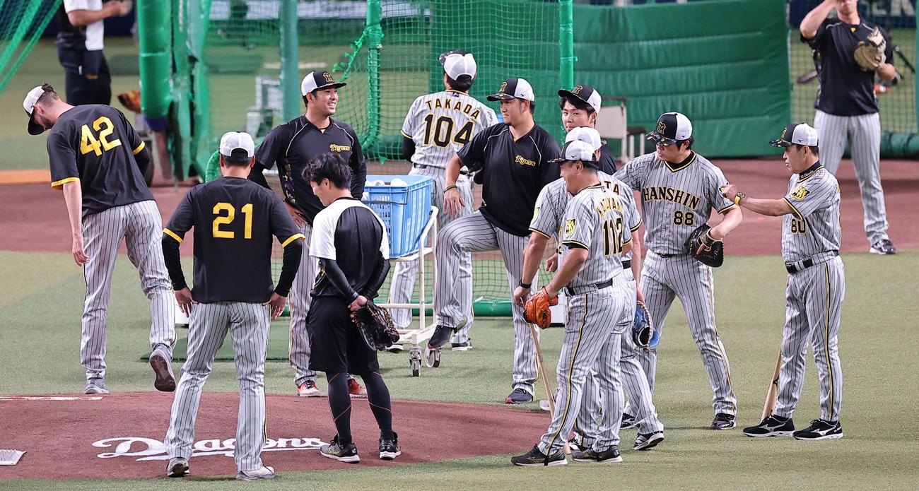 中日対阪神　岡田監督（右）にプレートの状態を説明する安藤コーチ（撮影・上田博志）