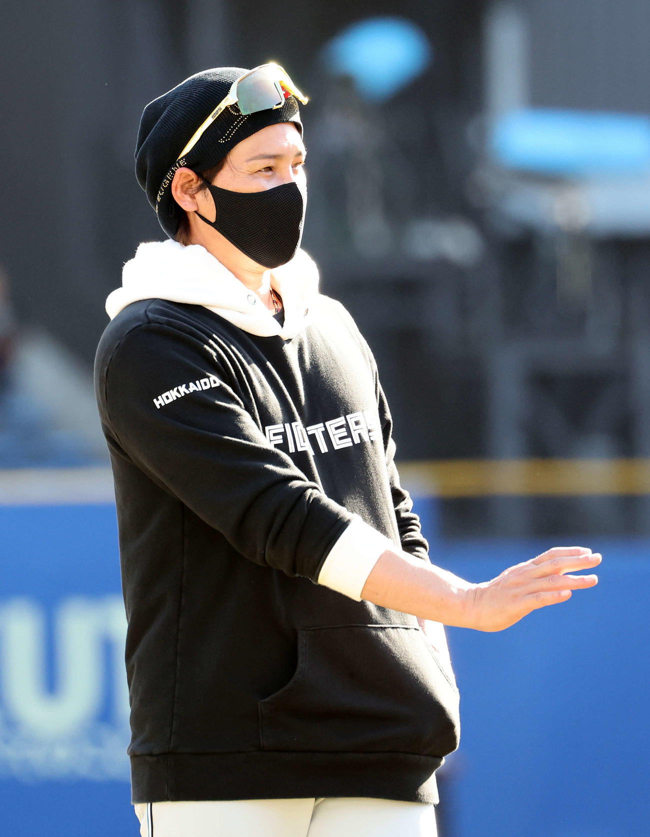 ロッテ対日本ハム　練習を見る日本ハム新庄監督（撮影・鈴木正人）