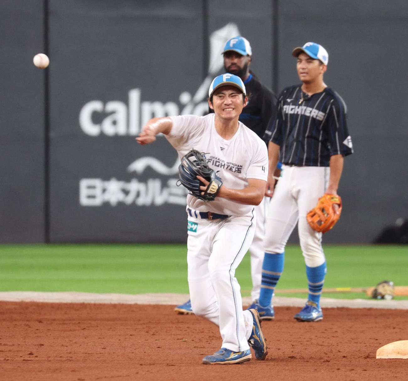 日本ハム対ソフトバンク　試合前、守備練習をする日本ハム上川畑（撮影・佐藤翔太）