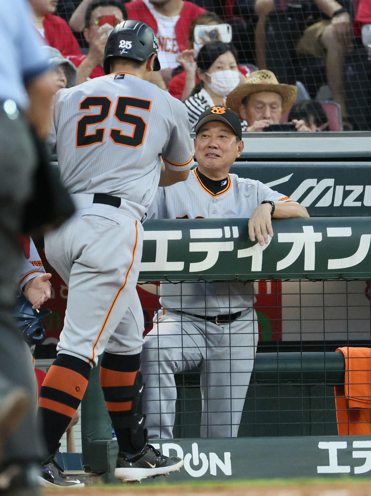 広島対巨人　4回表巨人無死、左越えソロ本塁打を放った岡本和を迎える原監督（右）（撮影・加藤孝規）