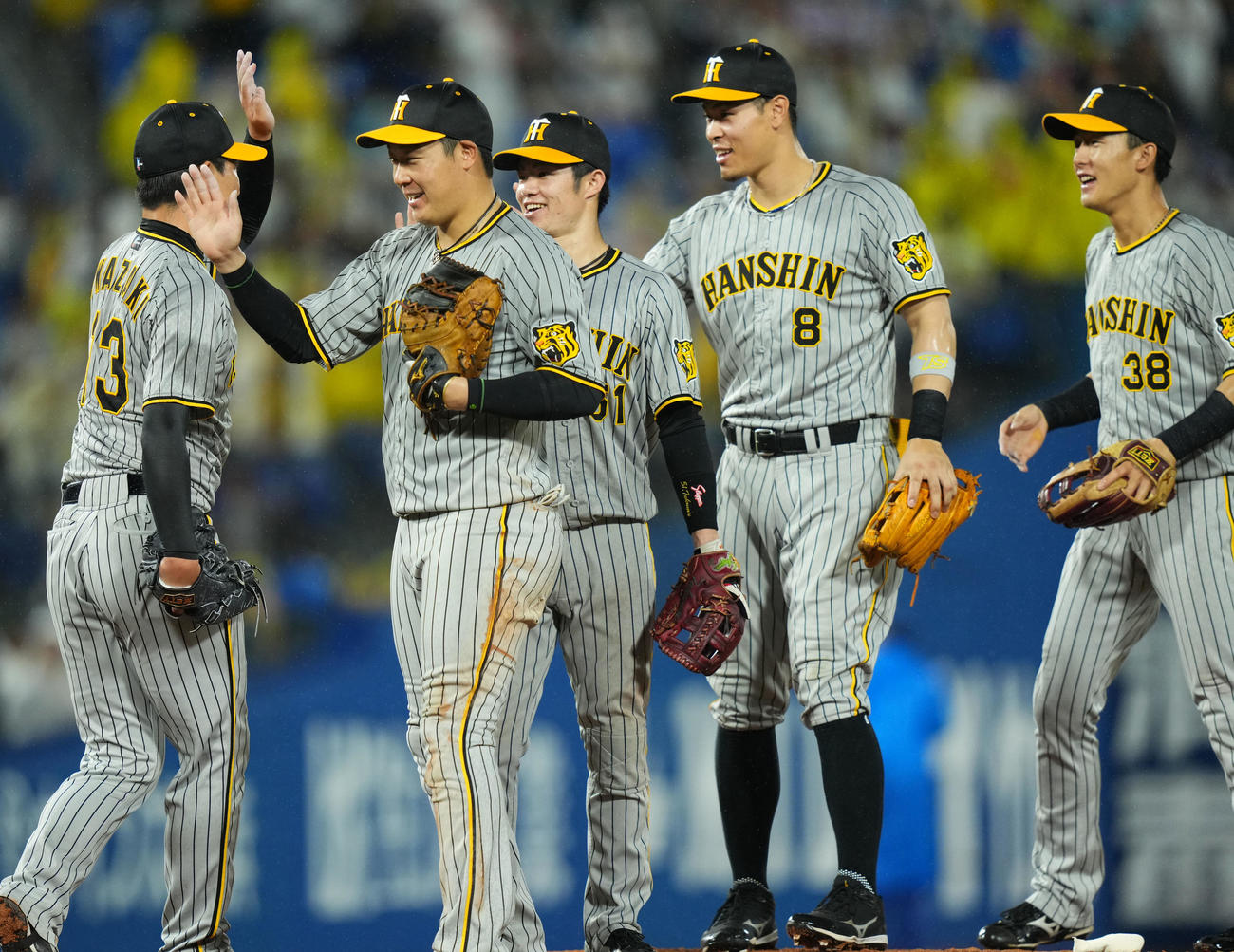DeNA対阪神　DeNAに勝利しタッチを交わす阪神ナイン（撮影・横山健太）