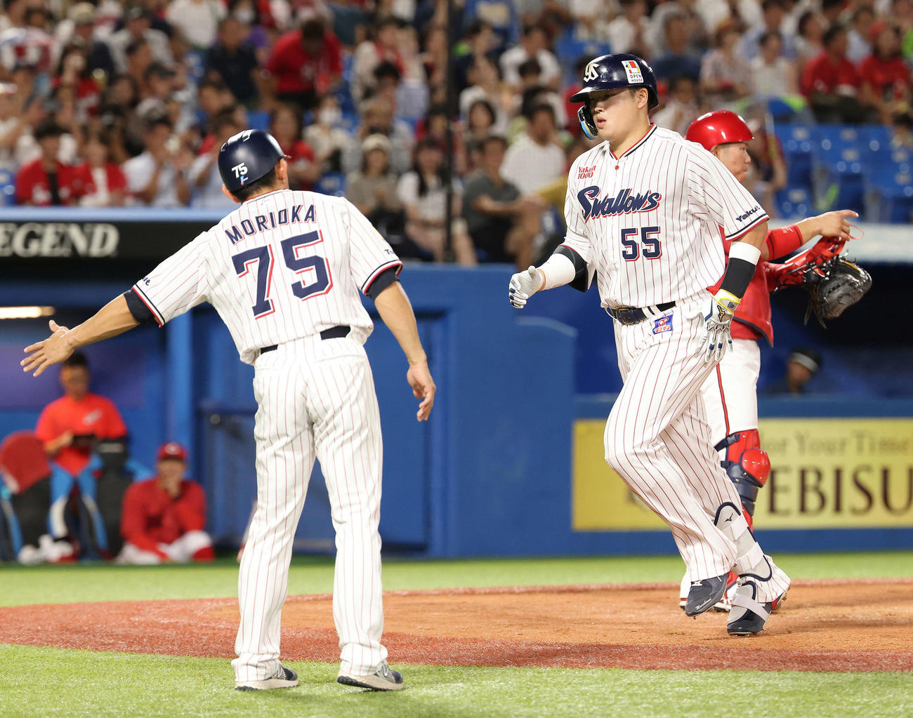 ヤクルト対広島　3回裏ヤクルト無死、右越えソロ本塁打を放ち生還する村上（撮影・河田真司）