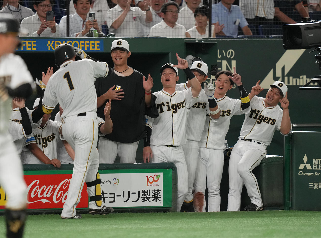 巨人対阪神　8回表阪神1死一塁、2点本塁打を放った森下（左）を迎える西純（中央）ら阪神ベンチ（撮影・狩俣裕三）