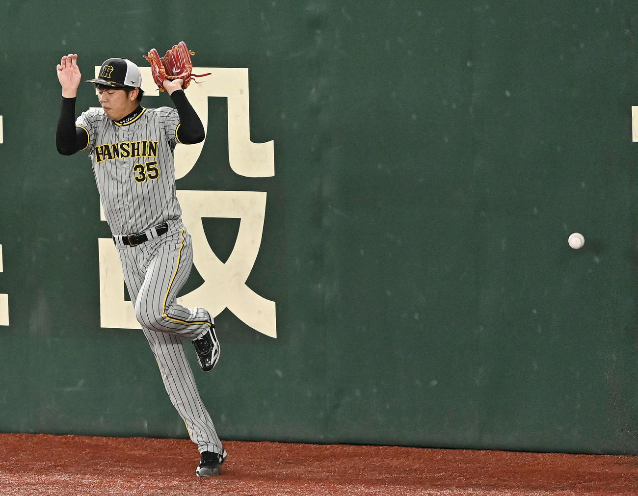 巨人対阪神　試合前練習で打球を避ける阪神才木（撮影・滝沢徹郎）