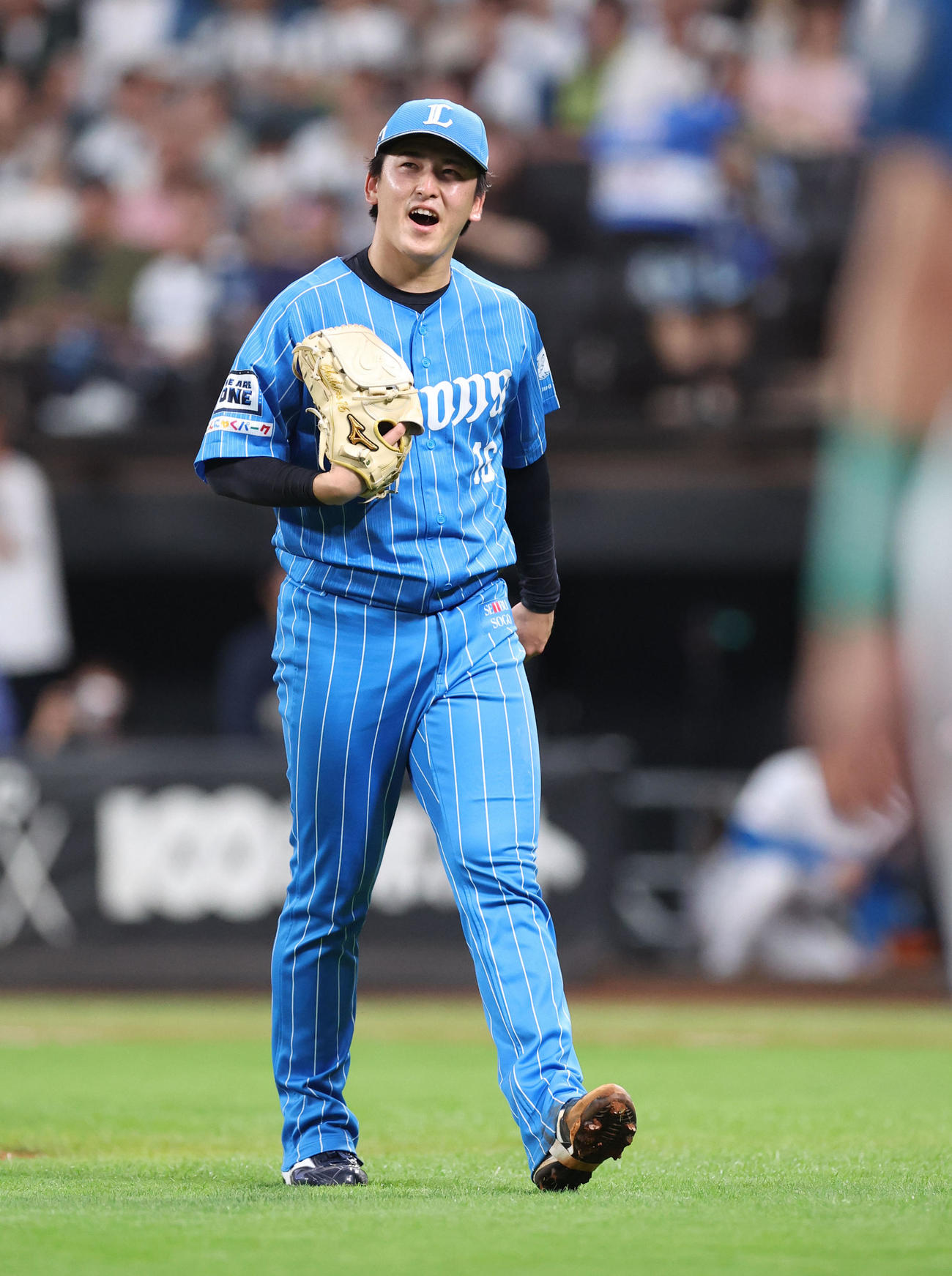 日本ハム対西武　8回裏日本ハム2死一塁、矢沢を三振にとり安堵（あんど）した表情を見せる隅田（撮影・佐藤翔太）