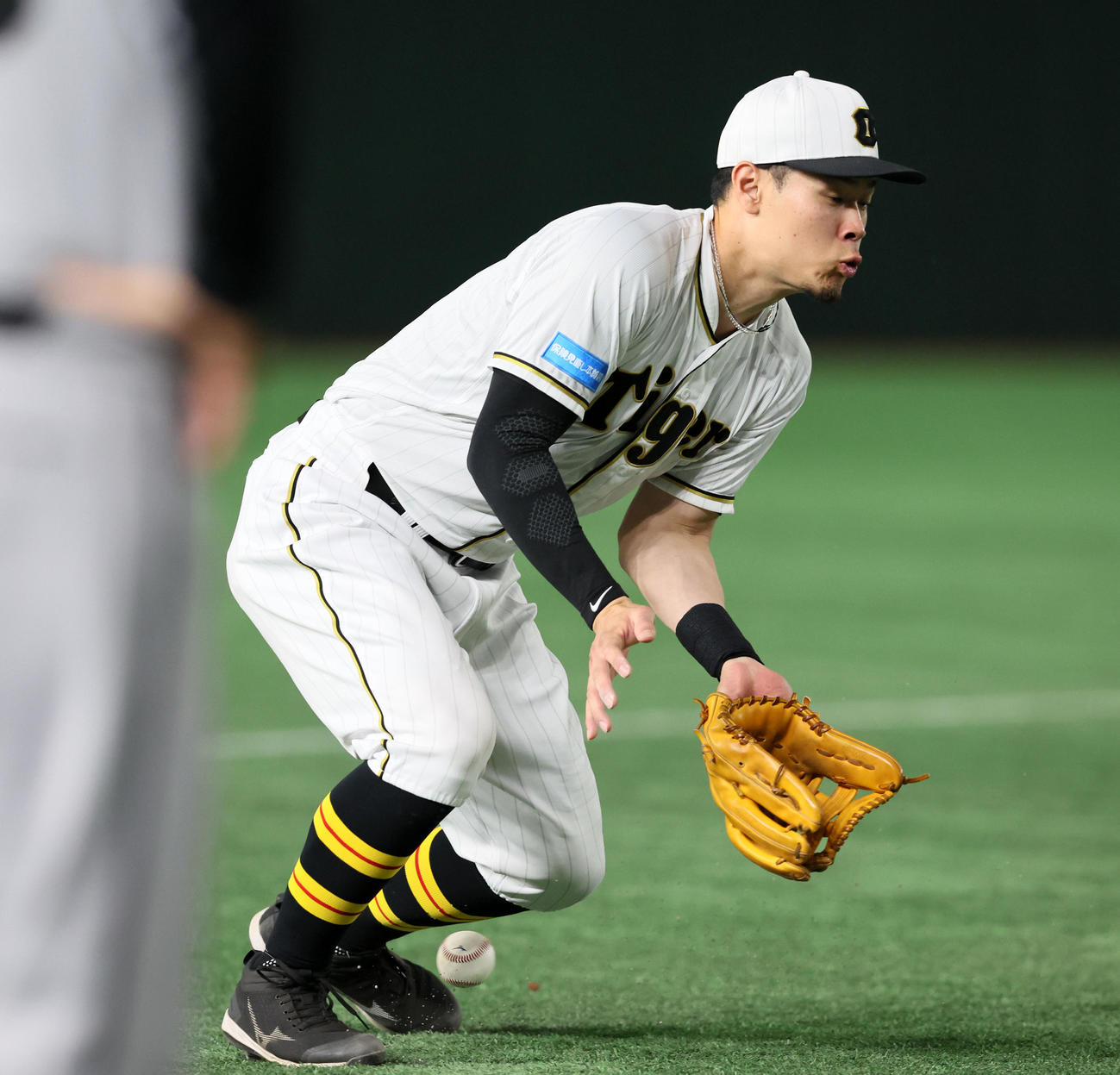 巨人対阪神　3回裏巨人2死、佐藤輝は坂本の打球をトンネルしエラーを記録（撮影・加藤哉）