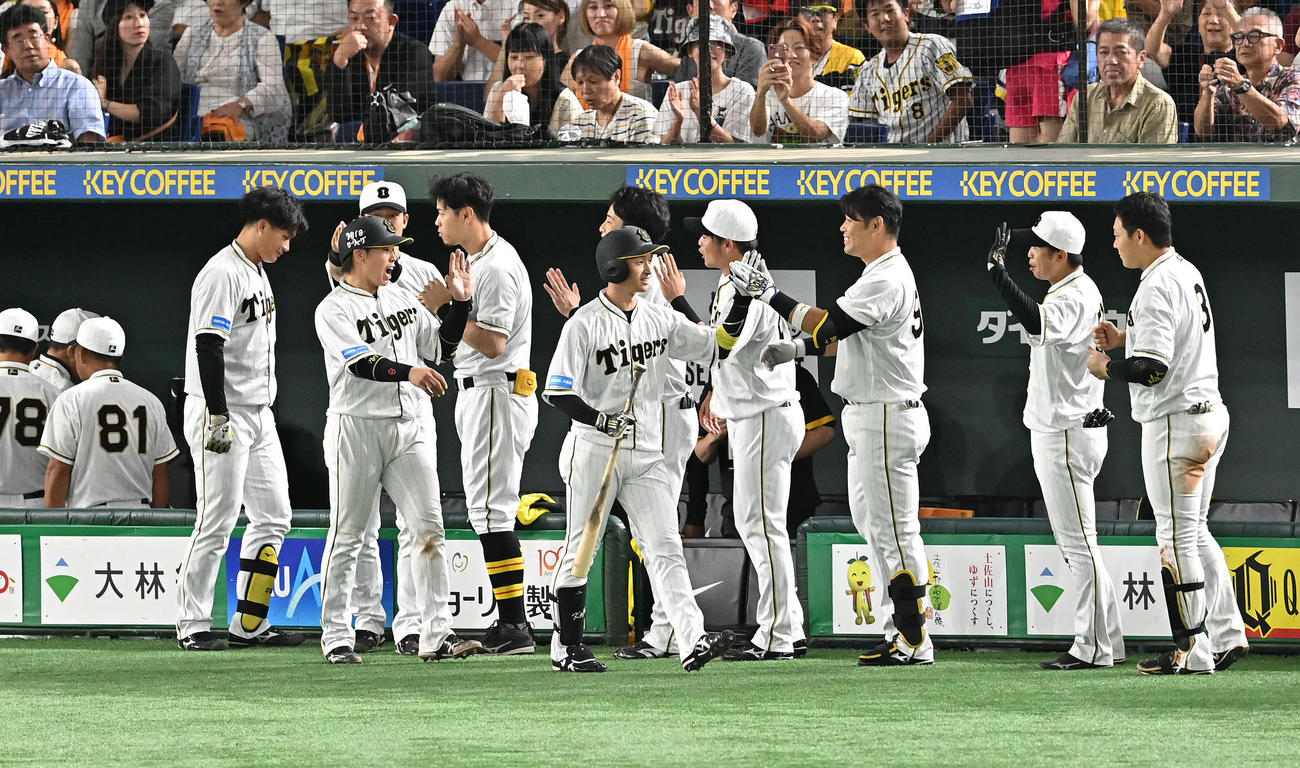 巨人対阪神　7回表阪神2死一塁、2点本塁打を放った近本（中央）はチームメートとタッチをかわす（撮影・滝沢徹郎）