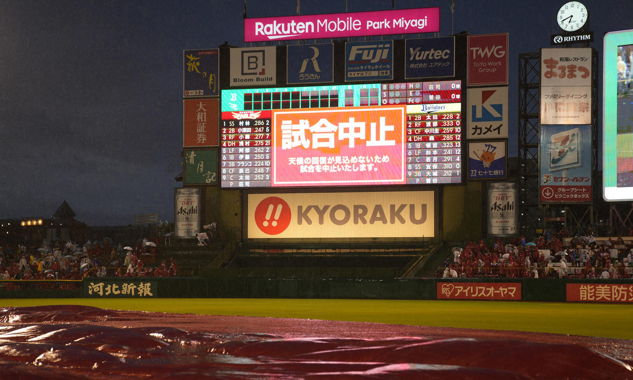 楽天対オリックス　18時40分、雨天による中止が発表される楽天－オリックス戦（撮影・狩俣裕三）