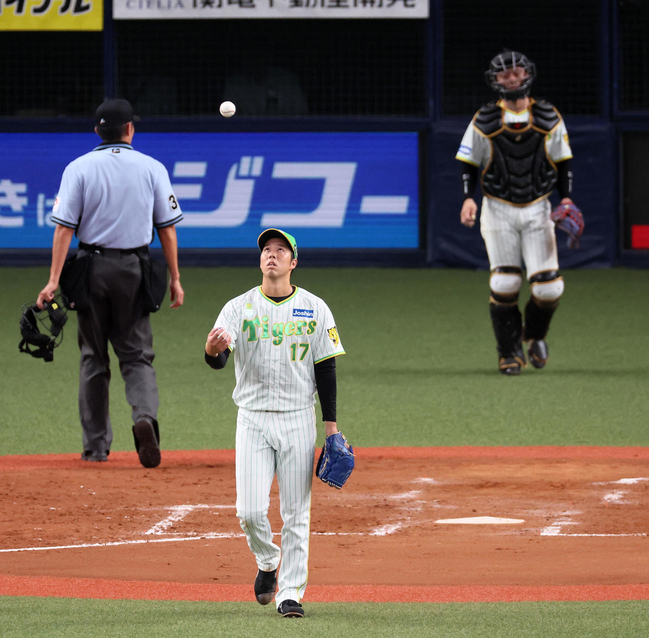 阪神対ヤクルト　4回表ヤクルト2死三塁、青柳は打者長岡のときワイルドピッチで失点し手にしたボールを上にあげる（撮影・加藤哉）