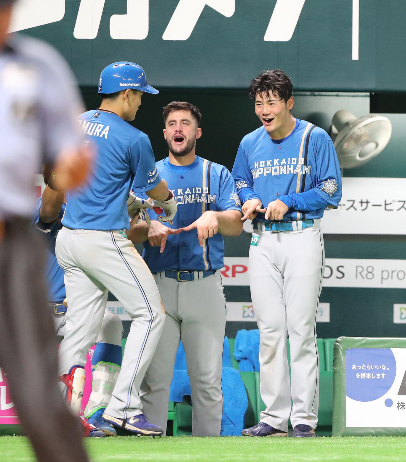 ソフトバンク対日本ハム　8回表日本ハム1死、野村は左越え本塁打を放つ、喜ぶ清宮（撮影・梅根麻紀）