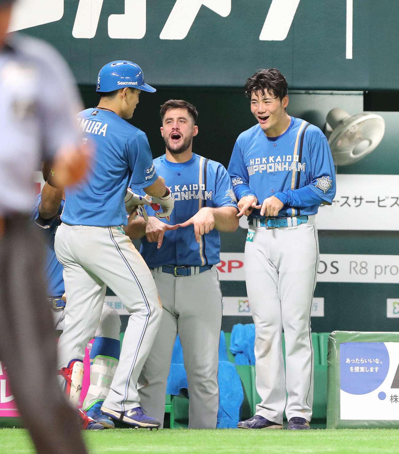 ソフトバンク対日本ハム　8回表日本ハム1死、野村は左越え本塁打を放つ、喜ぶ清宮（撮影・梅根麻紀）