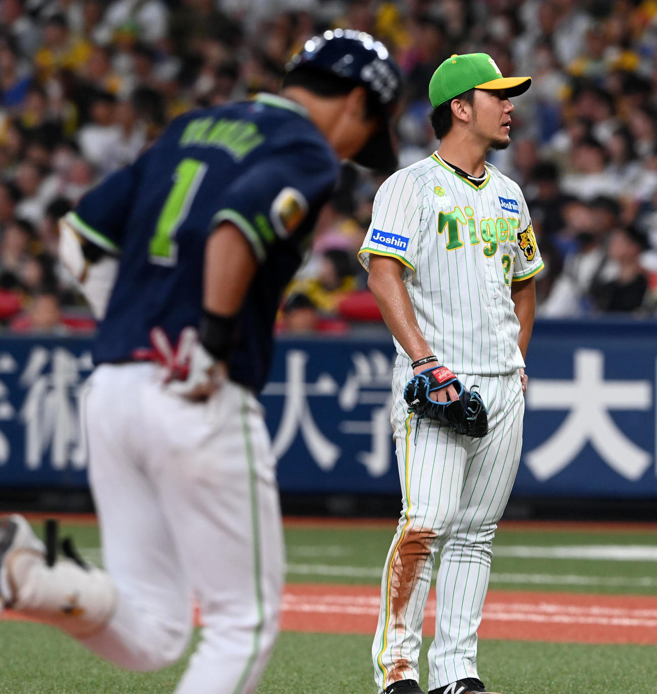 阪神対ヤクルト　5回表ヤクルト2死二塁、山田に左越え2点本塁打を打たれがっくりする阪神先発の伊藤将（撮影・前岡正明）