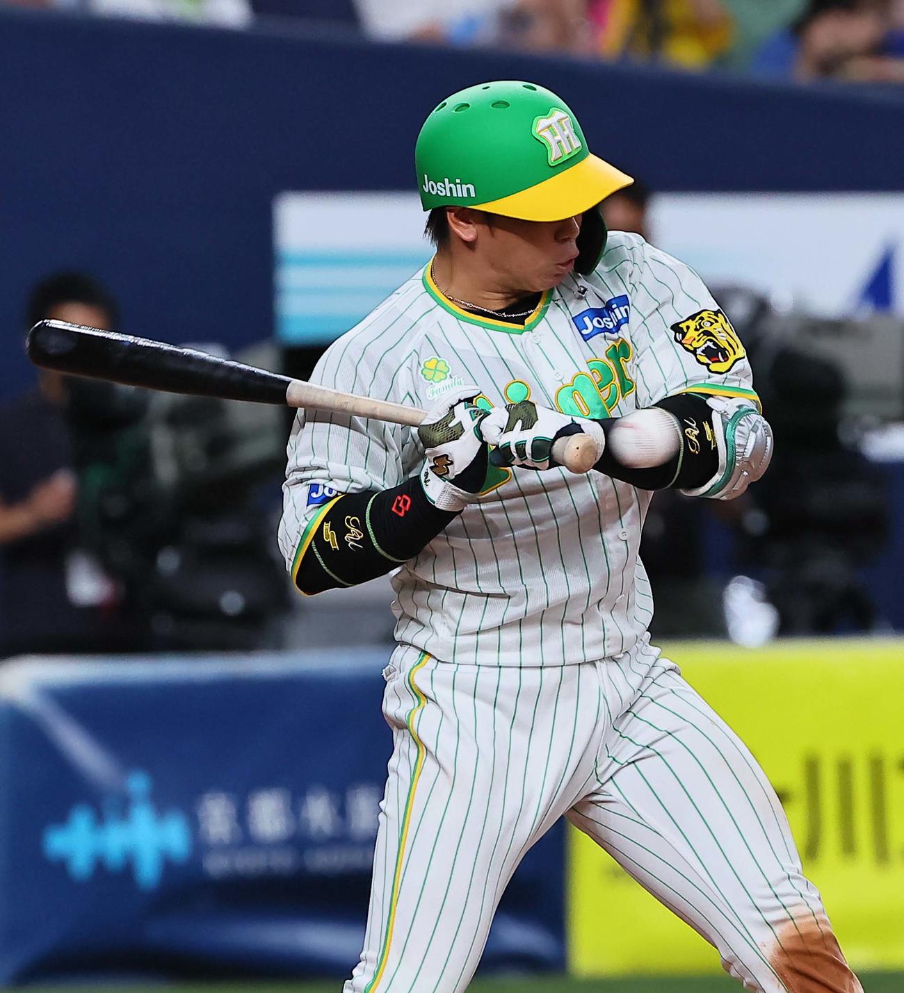 阪神対ヤクルト　5回裏阪神1死、左手に死球を受ける梅野（撮影・上田博志）