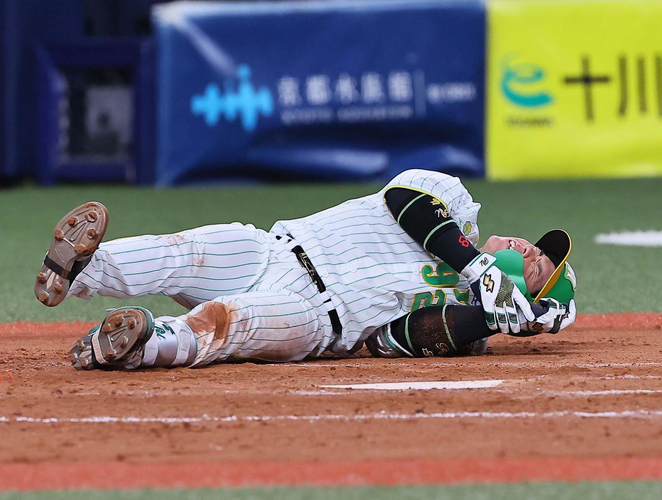 阪神対ヤクルト　5回裏阪神1死、左手に死球を受け痛がる梅野（撮影・上田博志）