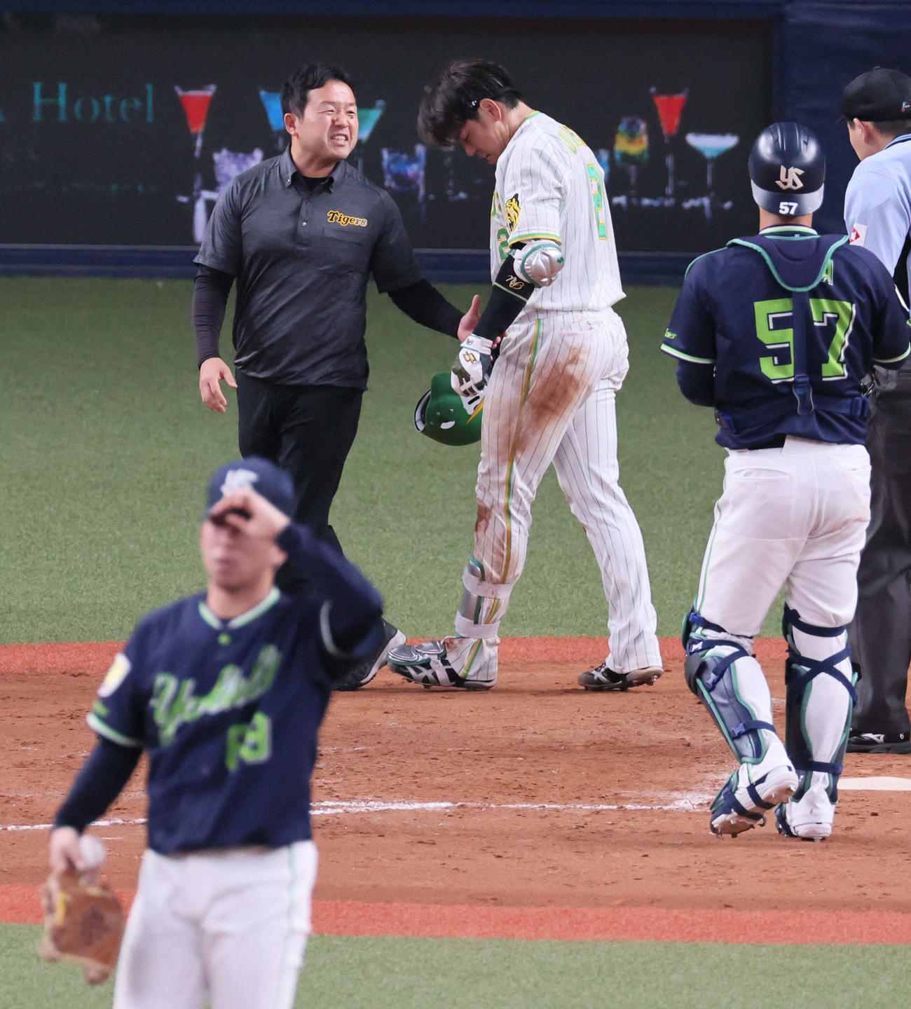 阪神対ヤクルト　5回裏阪神1死、梅野は左手首に死球を受け交代となる（撮影・宮崎幸一）