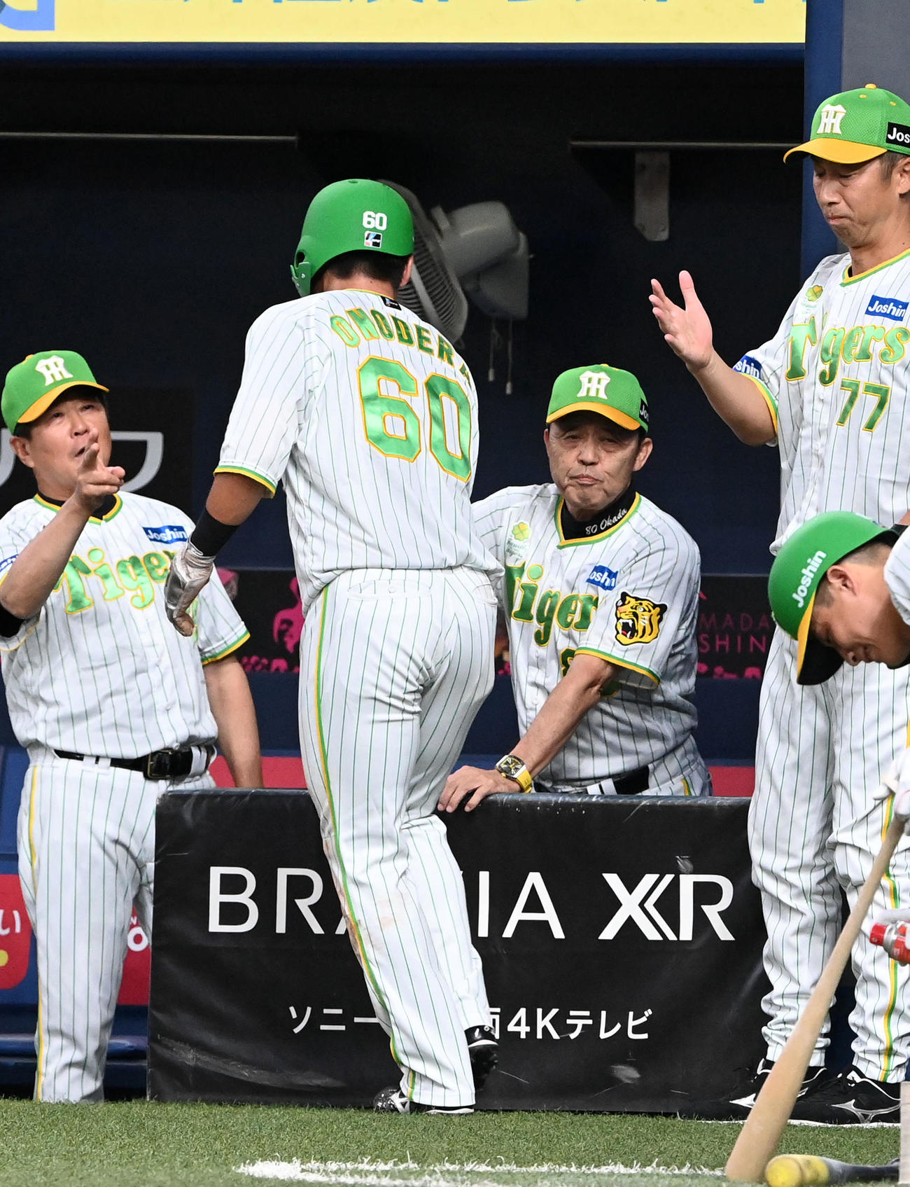 阪神対ヤクルト　7回裏阪神1死一、三塁、坂本の中前適時打で生還した小野寺を迎える岡田監督（撮影・前岡正明）