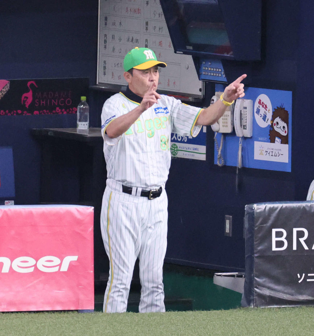 阪神対ヤクルト　4回裏阪神無死一塁、近本の中前打がアウト判定となりリクエストする岡田監督（撮影・宮崎幸一）