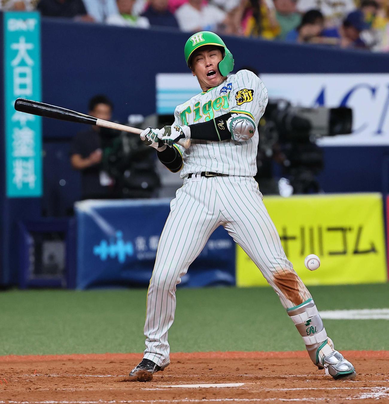 阪神対ヤクルト　5回裏阪神1死、左手に死球を受ける梅野（撮影・上田博志）