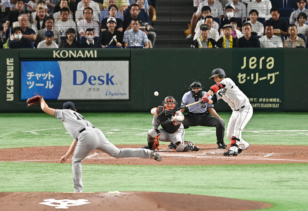 8日の巨人戦で菅野から適時打を放つ西純矢（23年8月8日撮影）