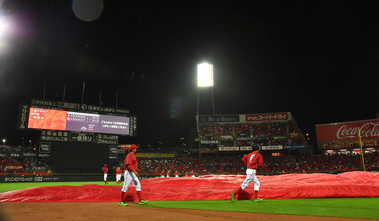広島対阪神　6回裏、雨脚が強まり試合が一時中断（撮影・岩下翔太）