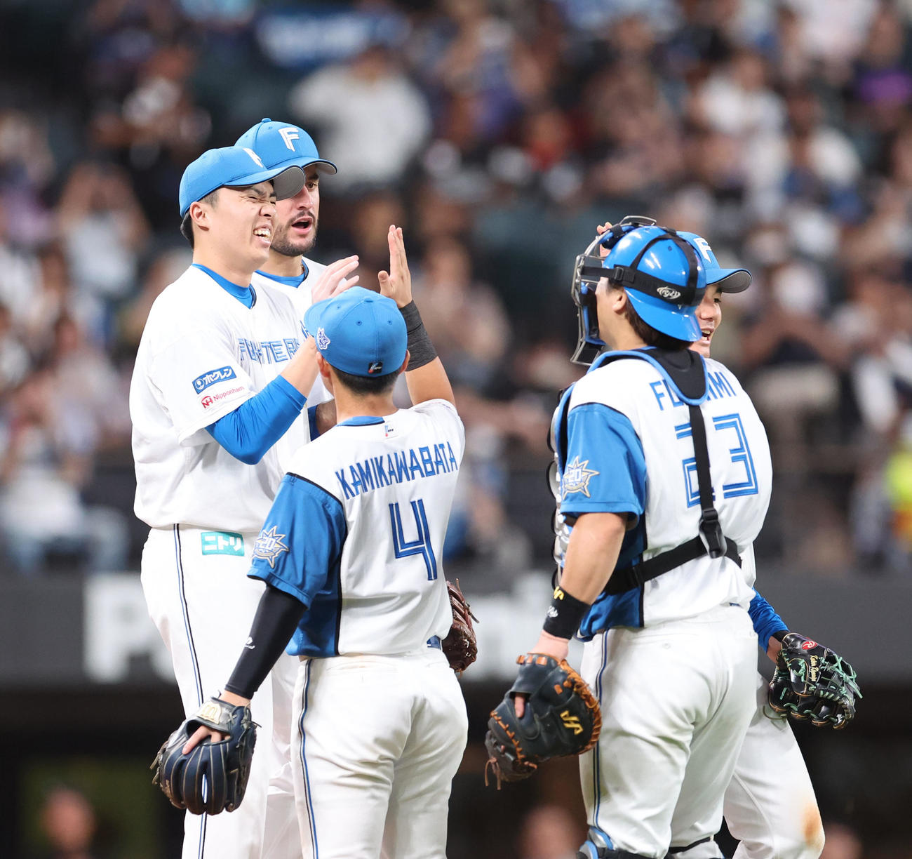 日本ハム対ロッテ　試合終了後、ナインと喜び合う日本ハム田中正（左）（撮影・佐藤翔太）