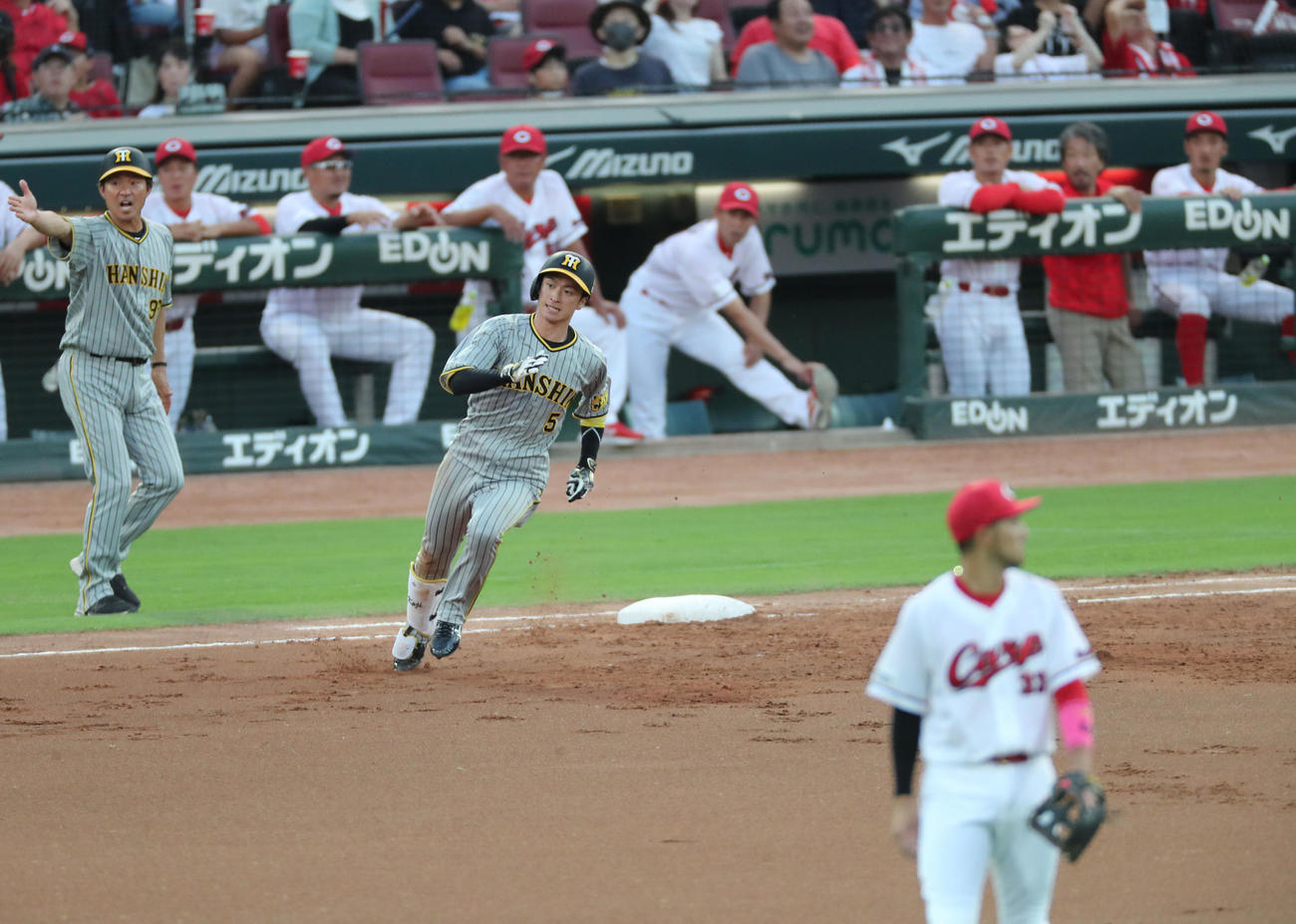広島対阪神　2回表阪神2死一、三塁、近本は右前適時打を放つ（撮影・梅根麻紀）