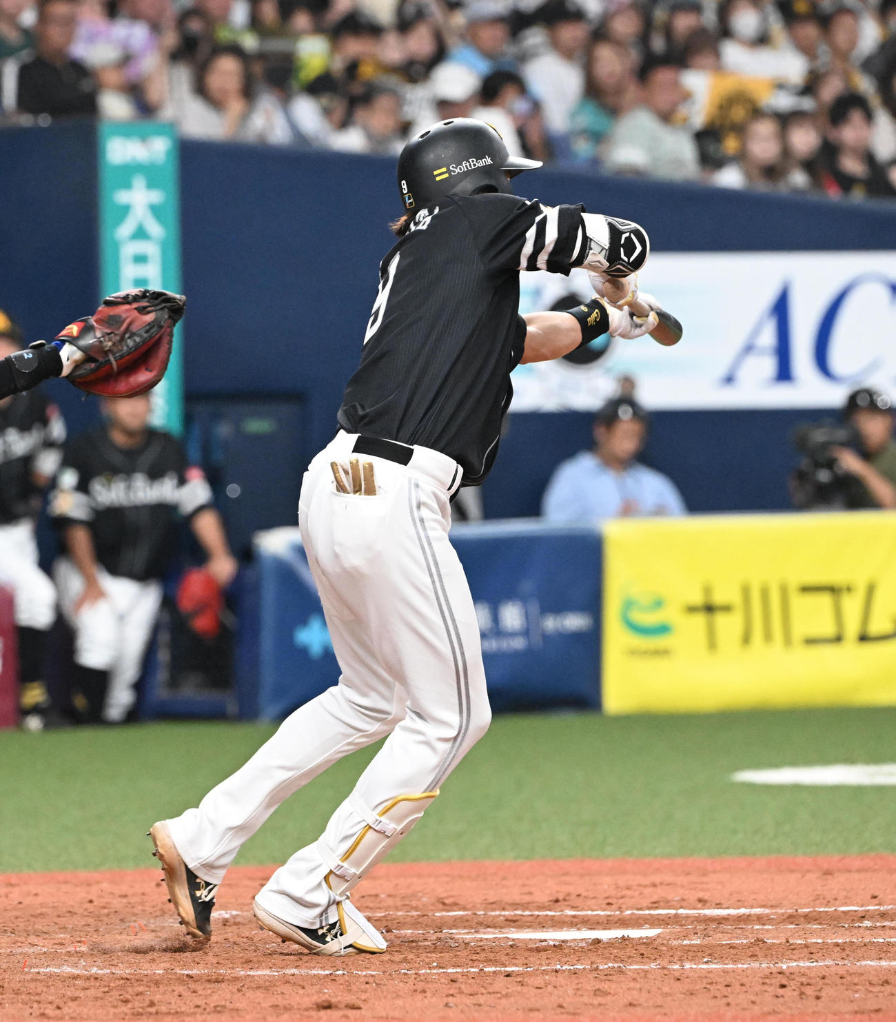 オリックス対ソフトバンク　3回表ソフトバンク無死一、二塁、セーフティーバントを試みる柳田（撮影・和賀正仁）