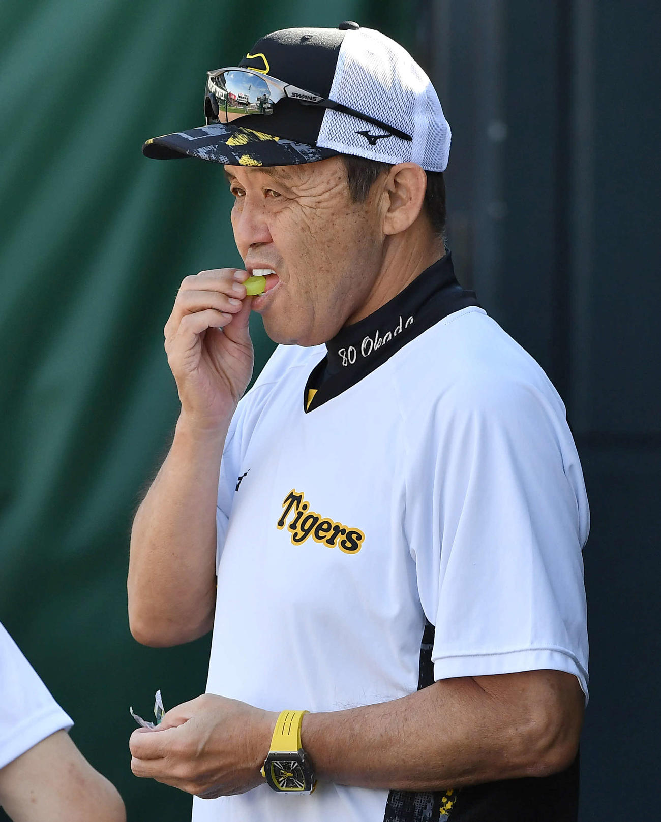 広島対阪神　あめを口にする岡田監督（撮影・岩下翔太）