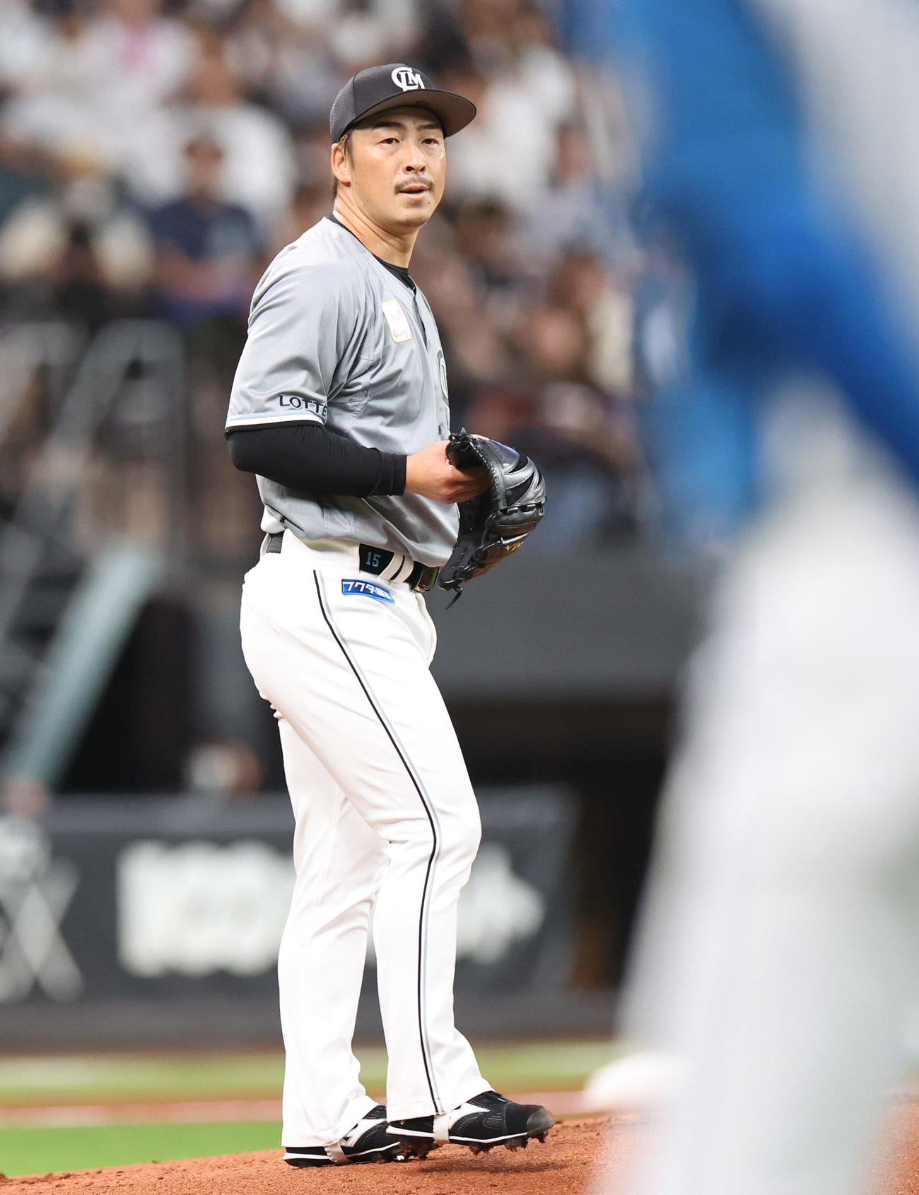 日本ハム対ロッテ　1回裏日本ハム無死、松本剛を三振にとる美馬（撮影・佐藤翔太）