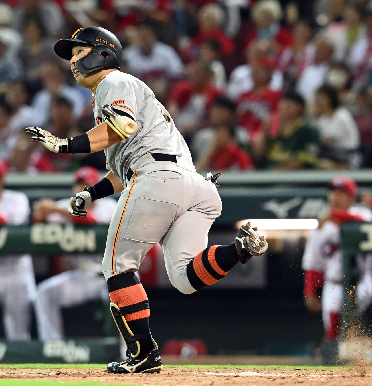 広島対巨人　5回表巨人無死二塁、左越えに2点本塁打を放ち打球の行方を見る浅野（撮影・たえ見朱実）