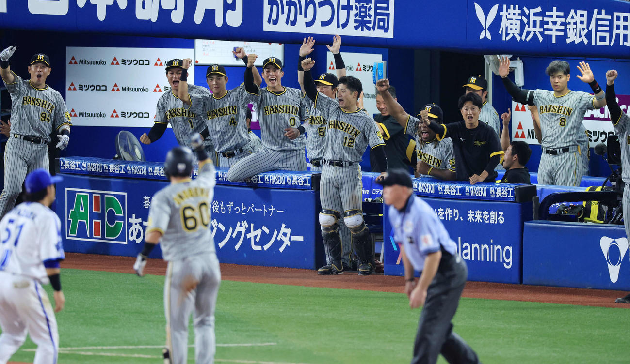 DeNA対阪神　6回表阪神1死二塁、小野寺（手前）が右越え適時三塁打を放ちガッツポーズする奥で大喜びの阪神ベンチ（撮影・浅見桂子）