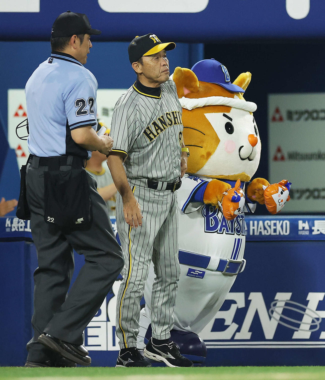 DeNA対阪神　7回表を終え、選手交代を告げる阪神岡田監督（撮影・河田真司）