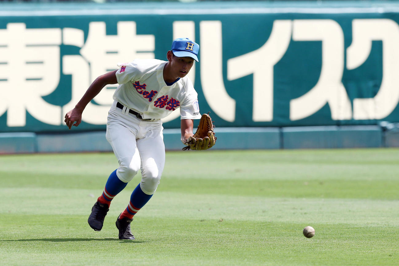 甲子園練習でノックを受ける花咲徳栄・西川愛也（2017年8月撮影）