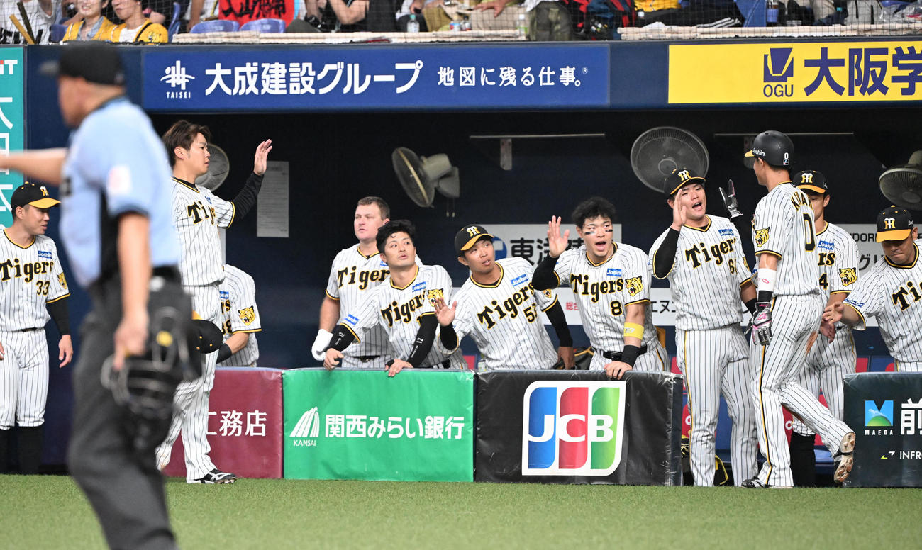 阪神対中日　3回裏阪神1死二、三塁、中野の左飛で生還した木浪を迎える阪神ナイン（撮影・和賀正仁）