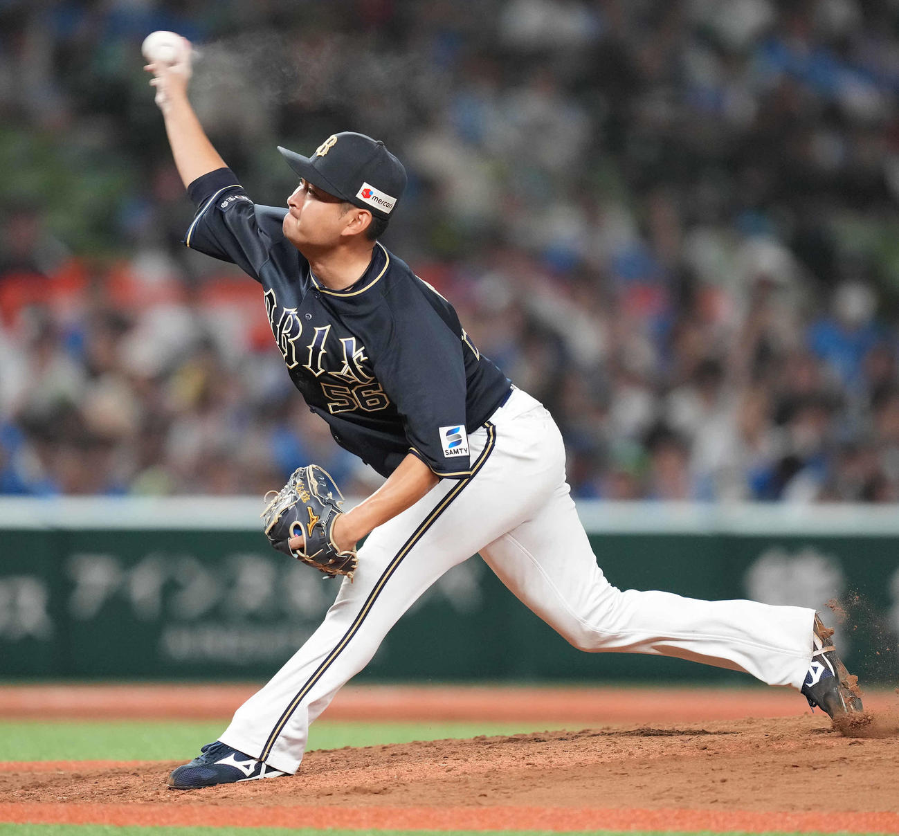 西武対オリックス　7回裏から2番手で登板したオリックス小木田（撮影・鈴木みどり）