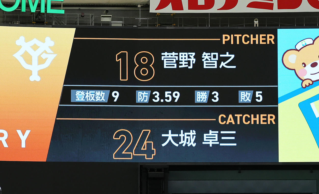 巨人対ヤクルト　巨人グリフィンの予告先発の変更があり、巨人のバッテリーに投手菅野と捕手大城卓が発表される（撮影・足立雅史）