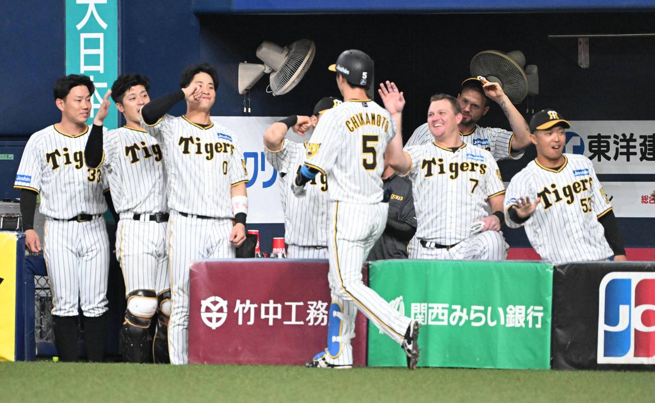 阪神対中日　7回裏阪神無死、右越え本塁打を放った近本はベンチのナインの出迎えを受ける（撮影・和賀正仁）
