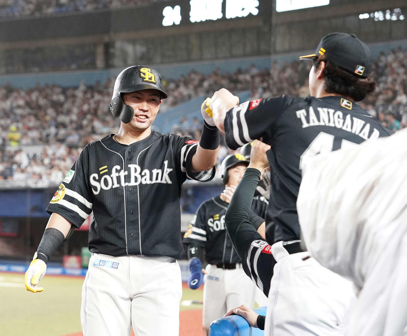 ロッテ対ソフトバンク、4回表ソフトバンク2死二、三塁、中村晃（左）は右中間に3点本塁打を放ち、ベンチのナインの祝福を受ける（撮影・小沢裕）
