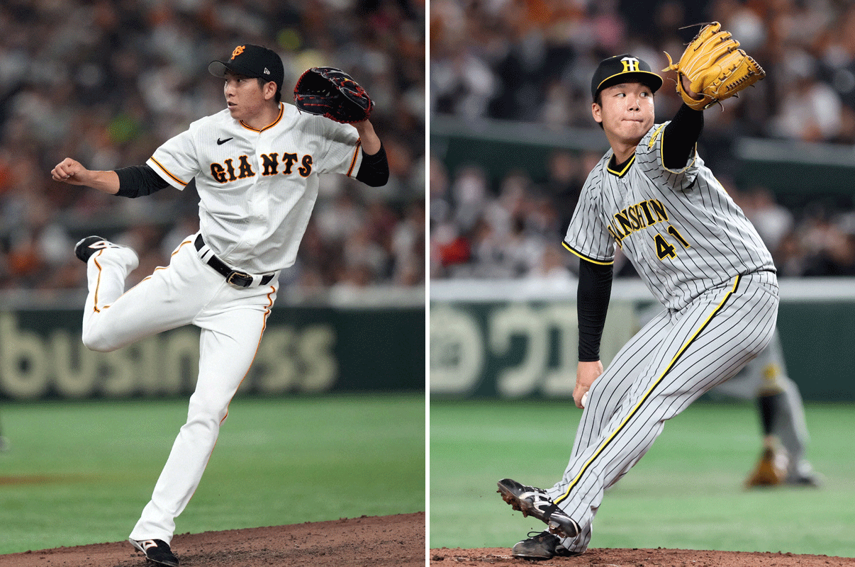 巨人戸郷翔征（左）と阪神村上頌樹