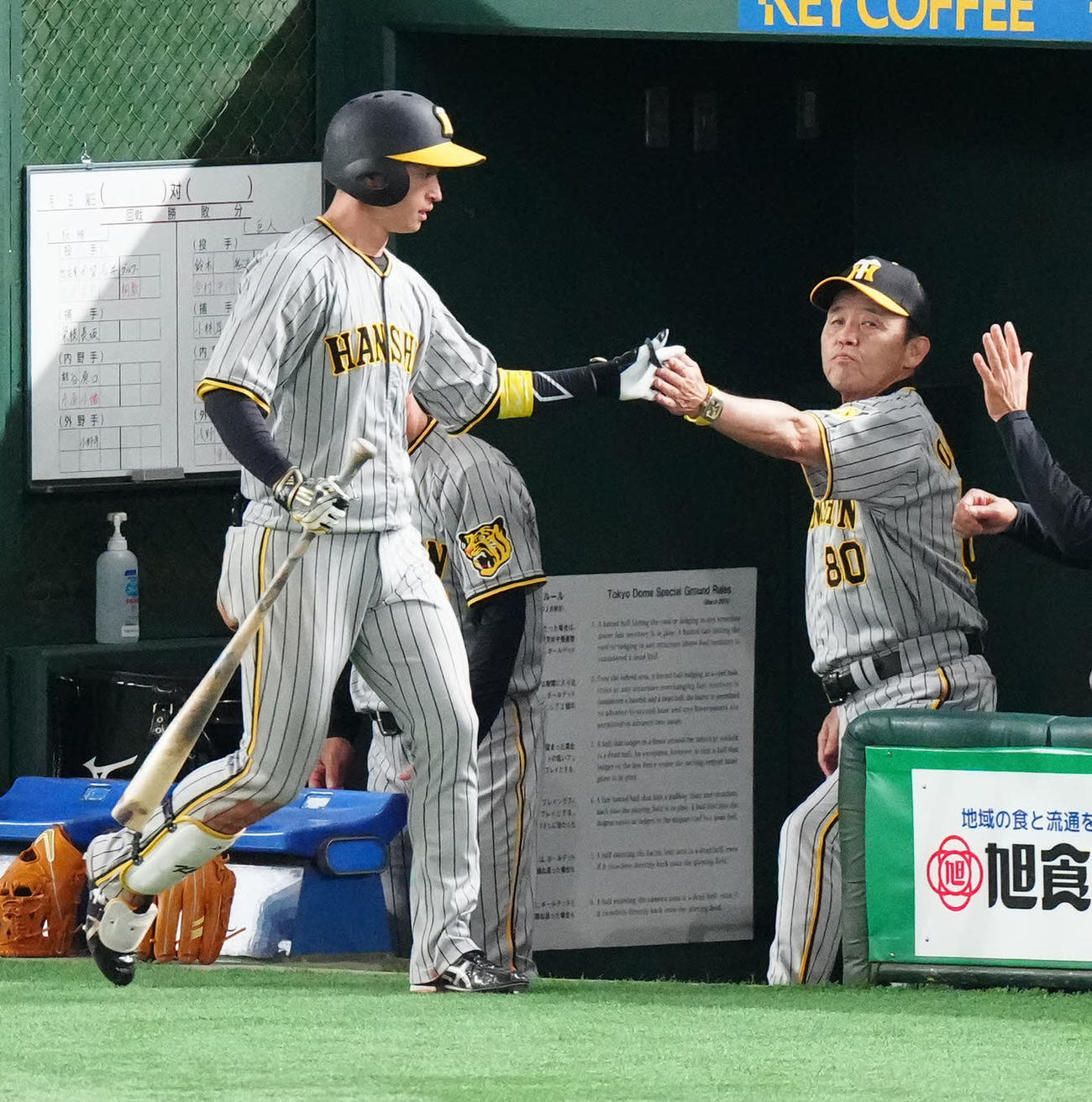巨人対阪神　8回表阪神1死、ソロ本塁打を放った近本（左）とタッチを交わす岡田監督（撮影・江口和貴）