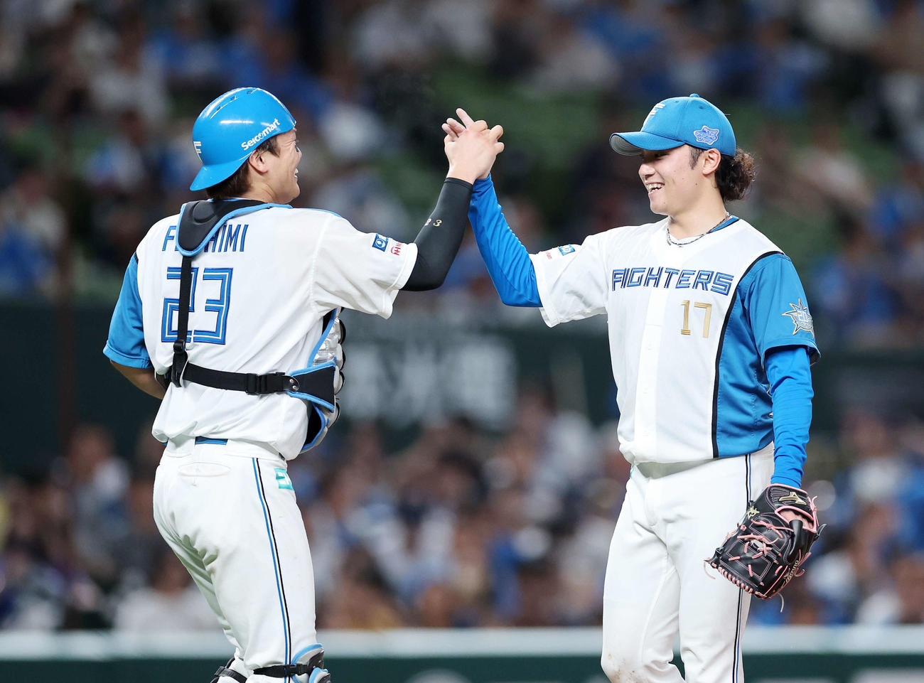西武対日本ハム　完封勝利しタッチして喜ぶ日本ハム伊藤（右）と伏見（撮影・鈴木正人）