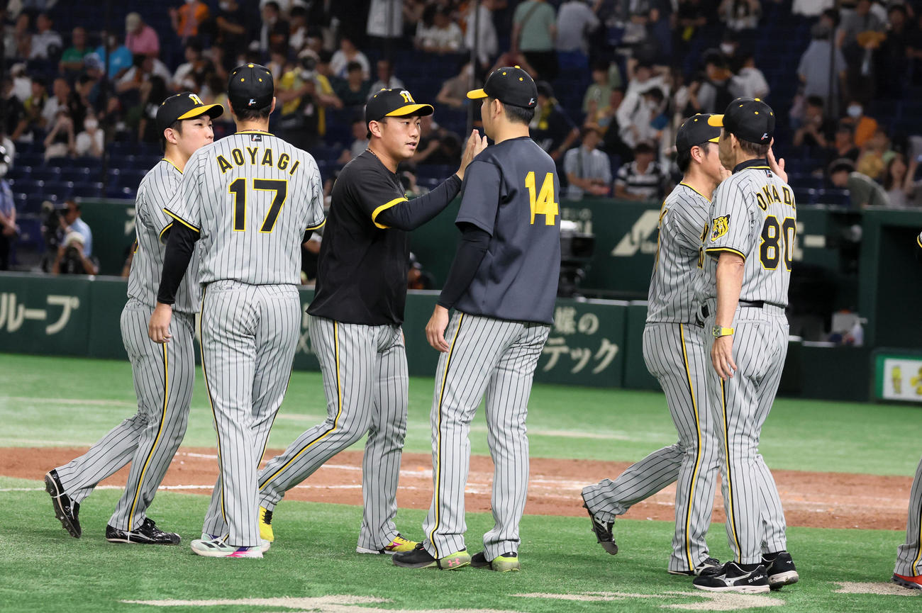 巨人対阪神　巨人に連勝し投手陣とタッチする桐敷（撮影・加藤哉）