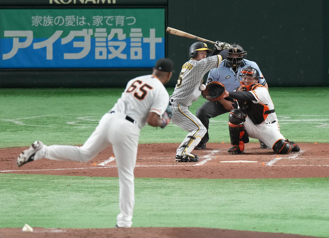 巨人対阪神　3回表阪神1死、死球を受ける近本。投手メンデス（撮影・狩俣裕三）