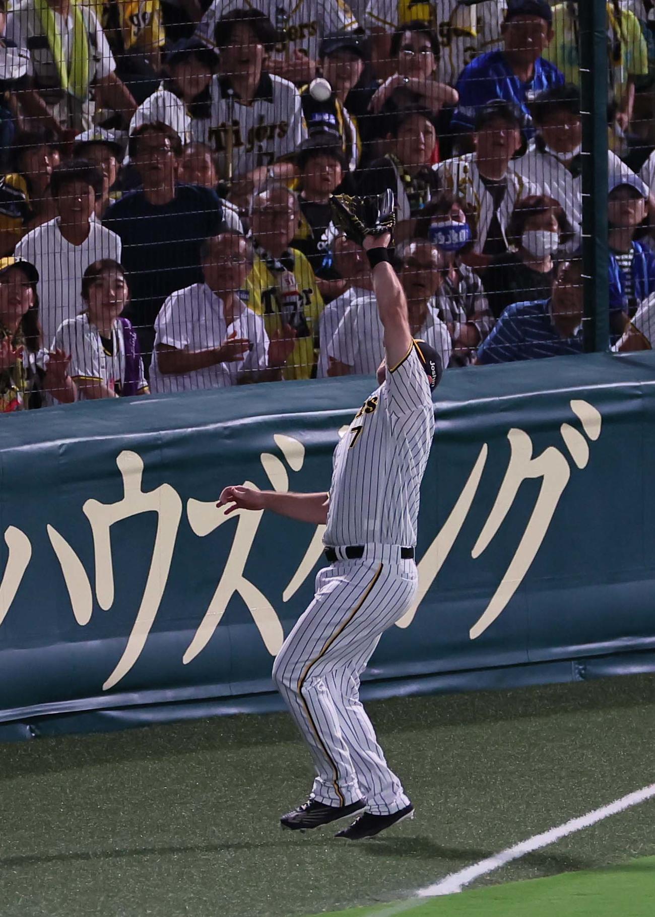 阪神対DeNA 8回表DeNA2死一塁、ノイジーは桑原の打球を落球する（撮影・上田博志）