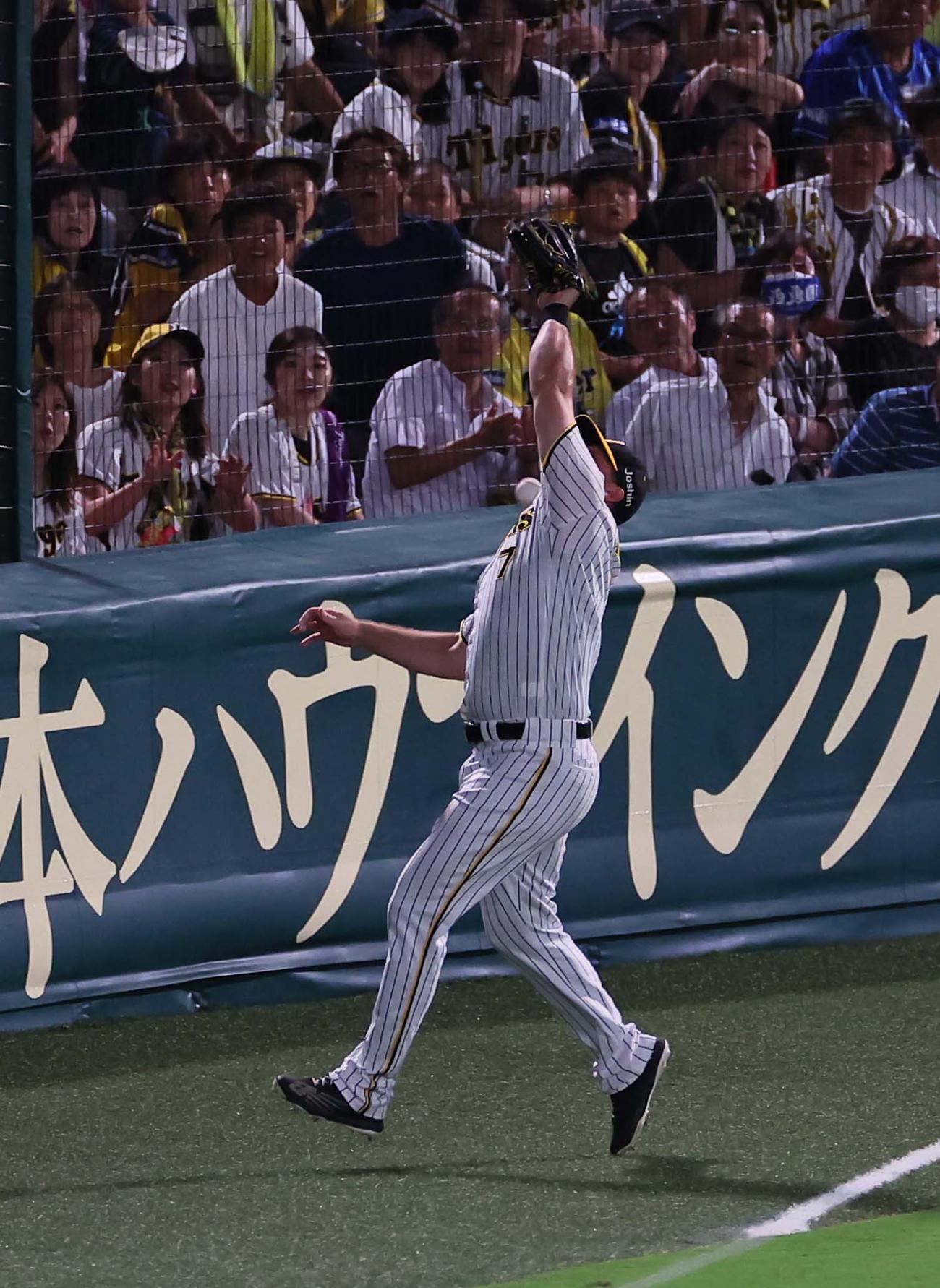 阪神対DeNA 8回表DeNA2死一塁、ノイジーは桑原の打球を落球する（撮影・上田博志）