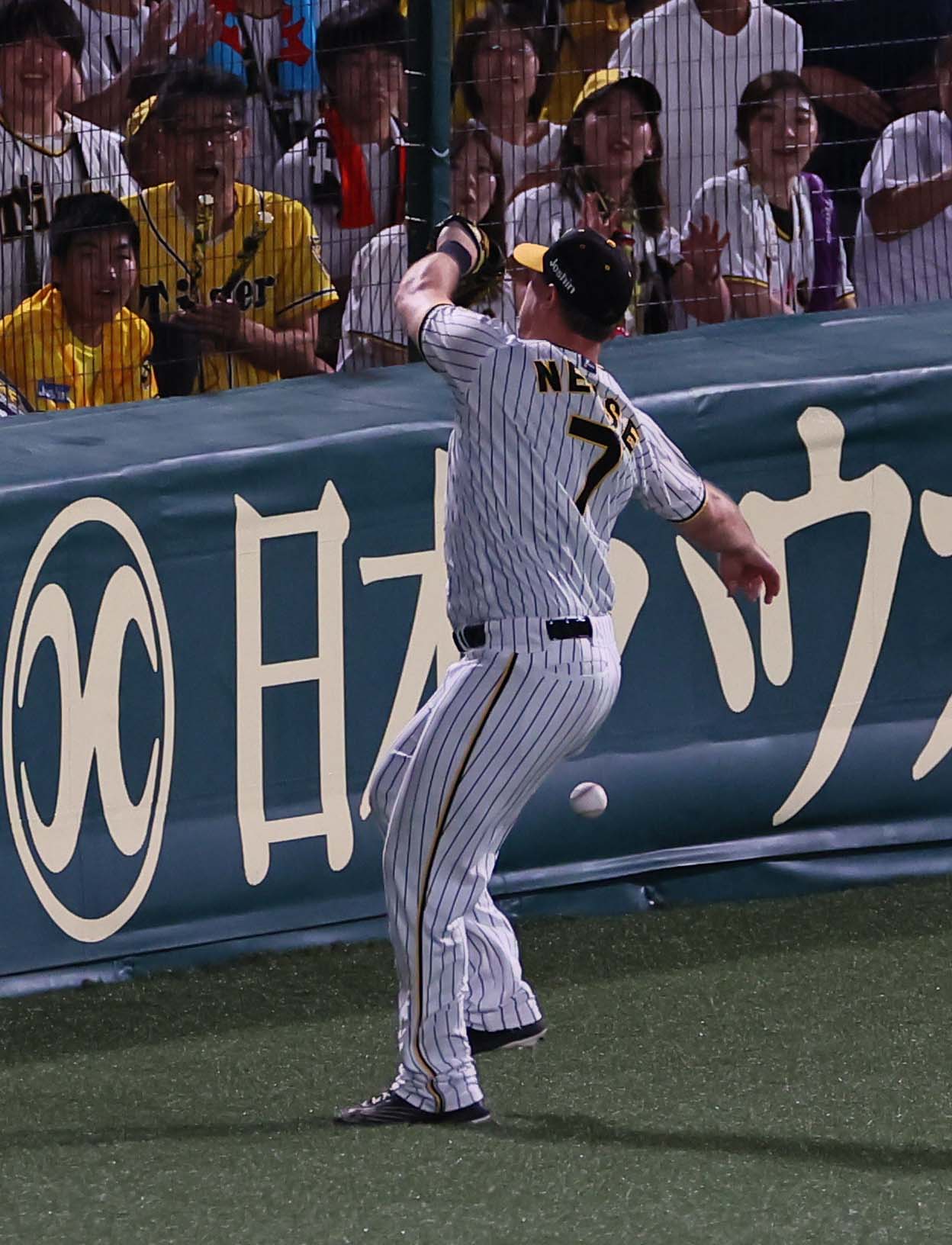 阪神対DeNA 8回表DeNA2死一塁、ノイジーは桑原の打球を落球する（撮影・上田博志）