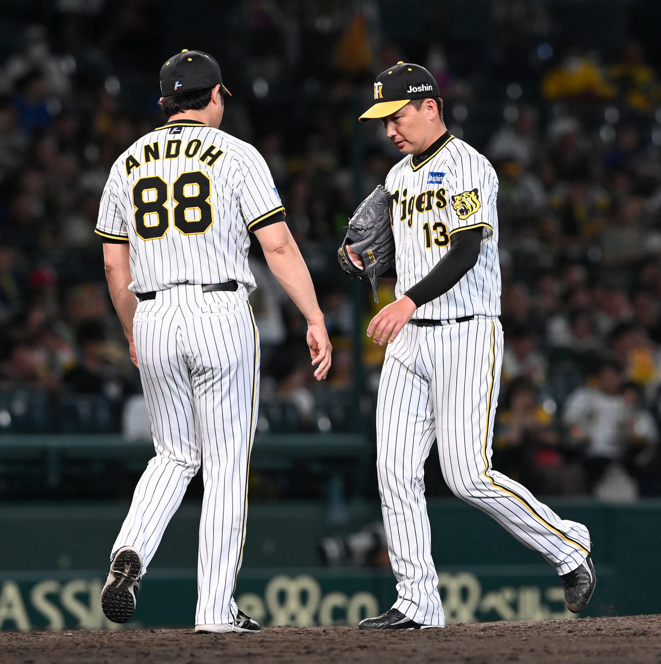 阪神対DeNA 9回、DeNAに逆転されがっくりとベンチに戻る岩崎（右）。左は安藤コーチ（撮影・前岡正明）